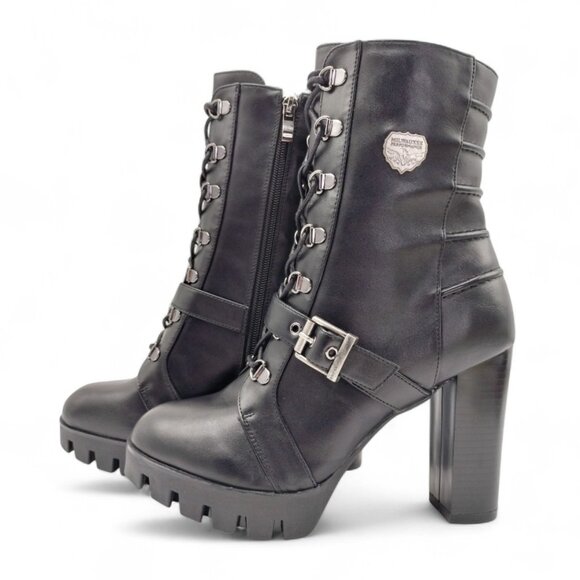 Milwaukee Women's Size 9 Black Leather Lace Up Block Heel Buckle Strap Moto Boot - Picture 7 of 14